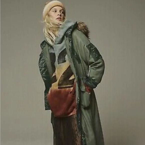 Free People Jackets & Blazers - Free People Farrah Military Parka Jacket Faux Fur Hood VelvetTrim Oversize Green